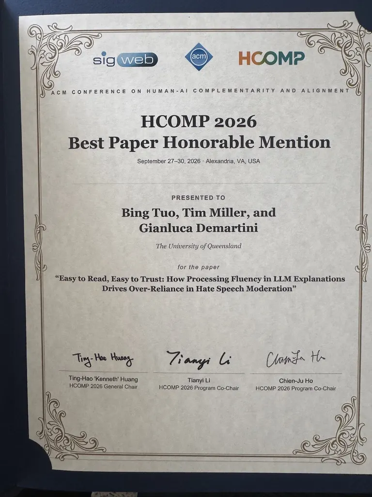 HCOMP 2026 Best Paper Honorable Mention certificate